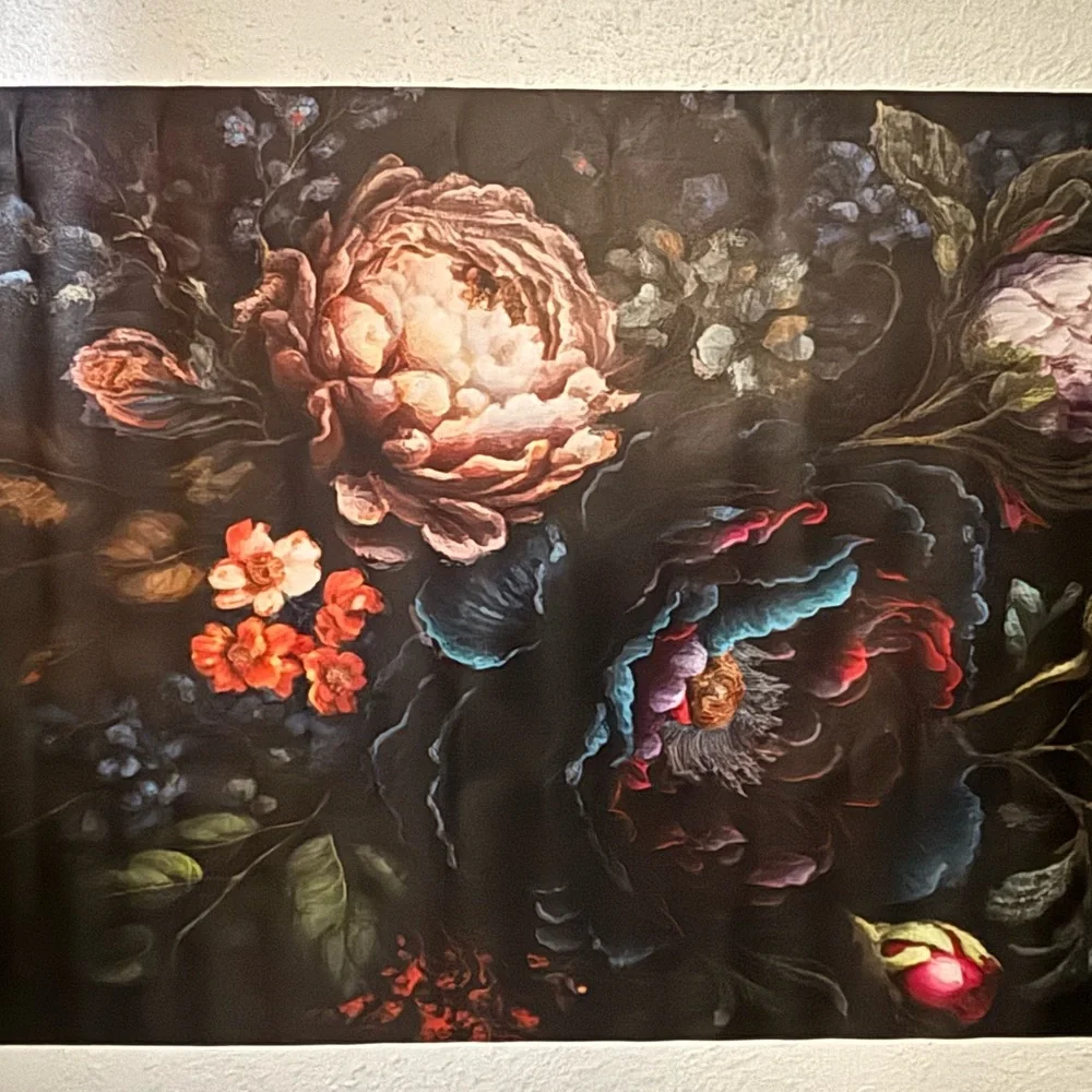 Source Unknown Dark Floral Tapestry with Pink and Green